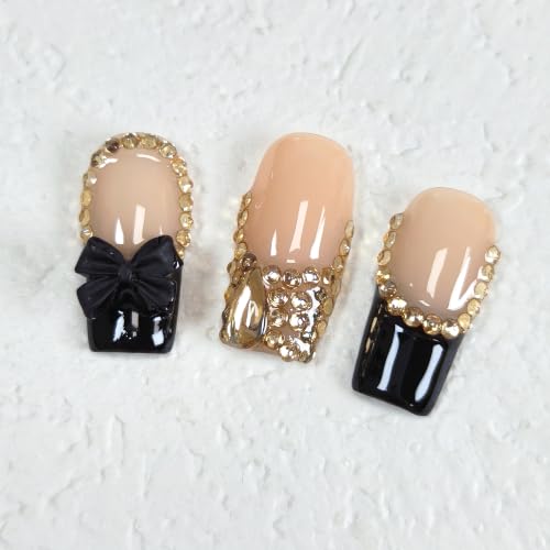 Medium Long Coffin Press on Nails Black French Gold Bow(M)