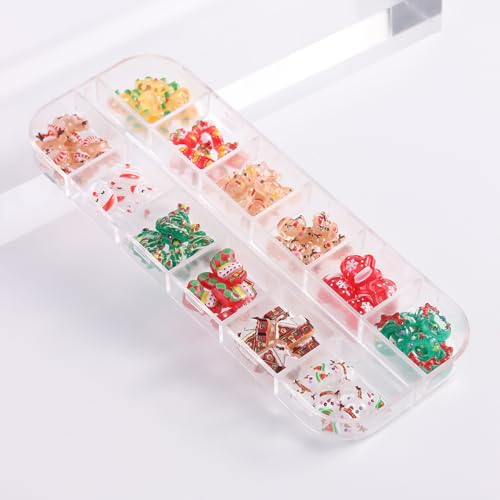 12 Grids Christmas Nail Art Charms Xmas 3D Resin Cute Santa Claus Elk