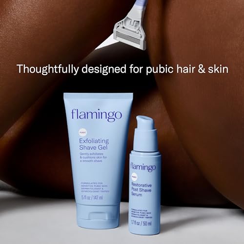Flamingo Pubic Hair Razor for Women, Shaving Kit, 1 Razor, Exfoliating Shaving Gel 5 fl oz - Restorative Post Shave Serum 1.7 fl oz, Starter Set, Full Kit