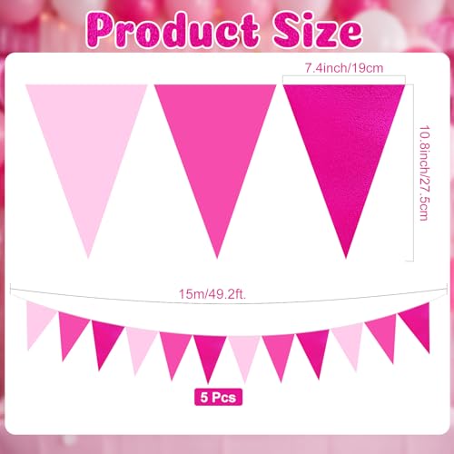 Tiamon Pink Glitter Bunting Banner - 5 Pcs 49.2 Ft Triangle Flags for Parties