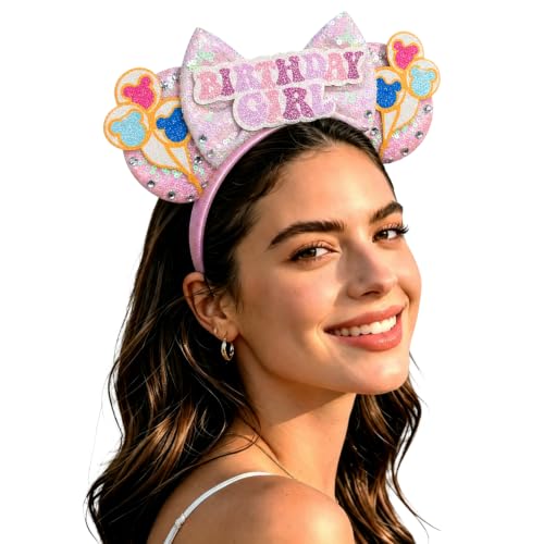 Bolonar Pink Birthday Mouse Ears Headband for Women Party Favors