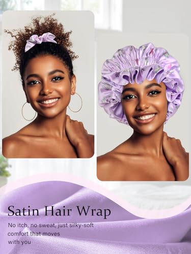 Vettres Purple-Rabbit Satin Sleep Bonnet with Scrunchie Set for Hair Protection