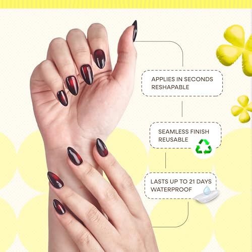 Nailique Short Almond Press On Nails - Handmade Black Red Cat Eye Soft Gel