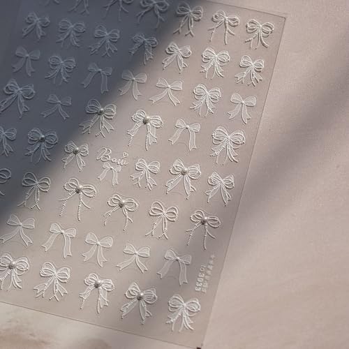 White Pearl Embossed Bow Nail Stickers for Elegant Nail Art - Self-Adhesive, 52 Designs