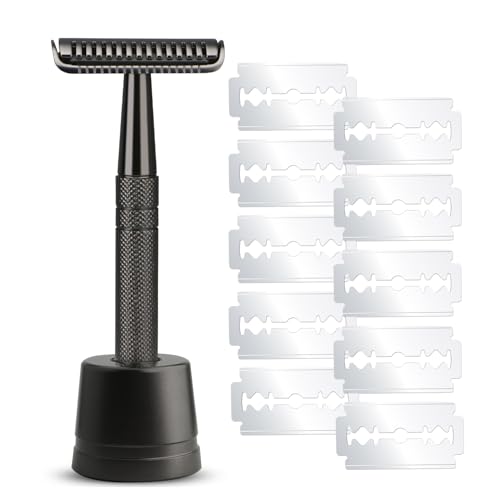 Black Stainless Steel Safety Razor with Stand - Single Blade Men’s Shaving Set