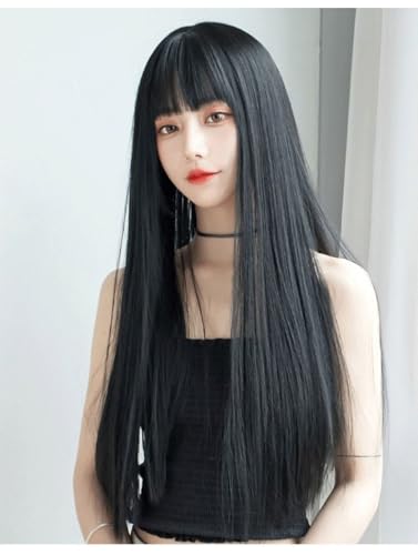 MaitianGuyou Women's Natural Black Long Straight Hair Wig with Air Bangs - Heat-Resistant Synthetic Topper 70cm