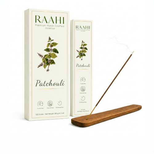 RAAHI Patchouli Incense Sticks with Holder - 120 Handcrafted Sticks for Meditation & Home Fragrance