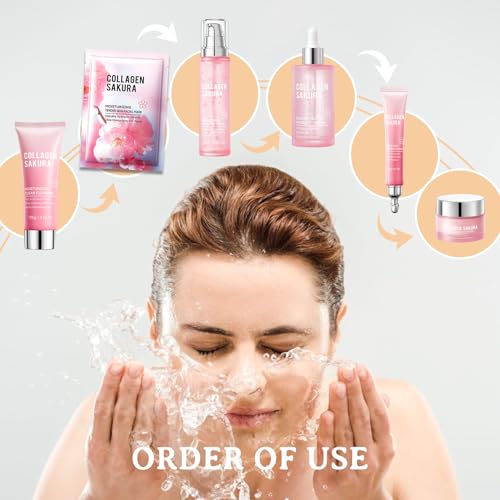 DuoZeng 8pcs Sakura Skincare Set, Moisturizing Face Cleanser, Serum, Toner & Masks for All Skin Types