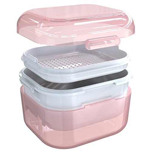 ARGOMAX Pink Denture Cup with Strainer & Tray - Open-Top Soaking & Rinsing