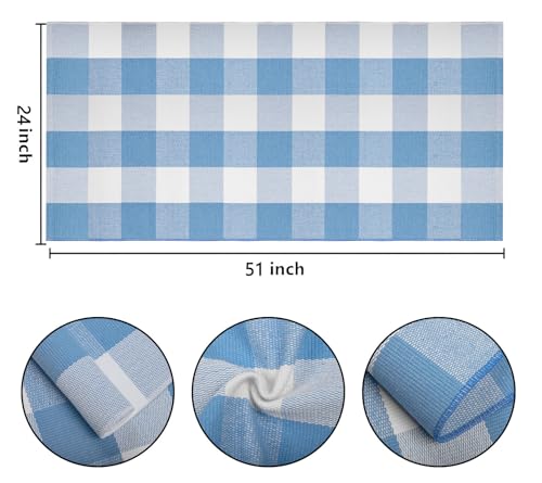 BUAGETUP 24x51 Light Blue Buffalo Plaid Outdoor Rug - Washable Doormat for Entryway