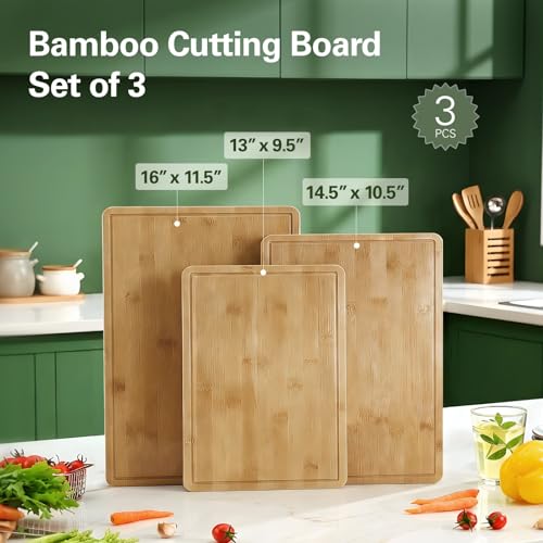 Zarler Bamboo Cutting Board Set - 3 Durable Boards with Juice Grooves & Handles, Ideal for Meal Prep