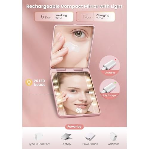 Compact Mirror, Rechargeable 30X Magnifying Mirror with 3 Lighting Modes & Dimmable Brightness, Portable Travel Makeup Mirror with Light, Essentials for Travel, Pocket, Purse Pink