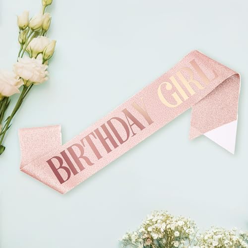 Rose Gold Birthday Sash for Women & Girls - Glitter Satin Sash