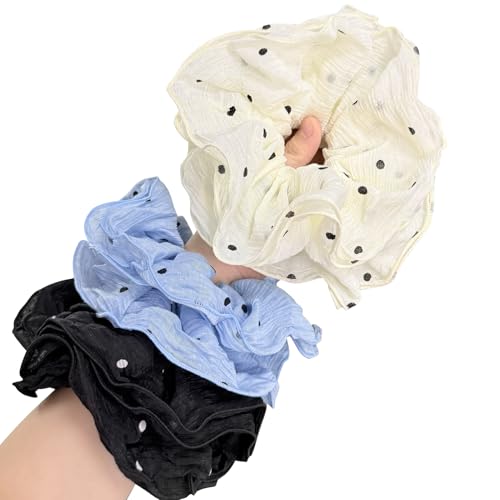 Jseng 3PCS Satin Scrunchies - Silk Feeling Hair Ties for Thick & Thin Hair, Beige+Blue+Black