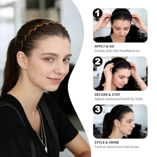 2-Pack Non-Slip Zig Zag Headbands for Women - Tortoise & Black