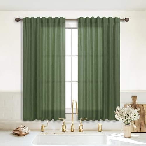 KOUFALL Olive Green Semi Sheer Linen Curtains - 45 Inch Length, Set of 2 Panels