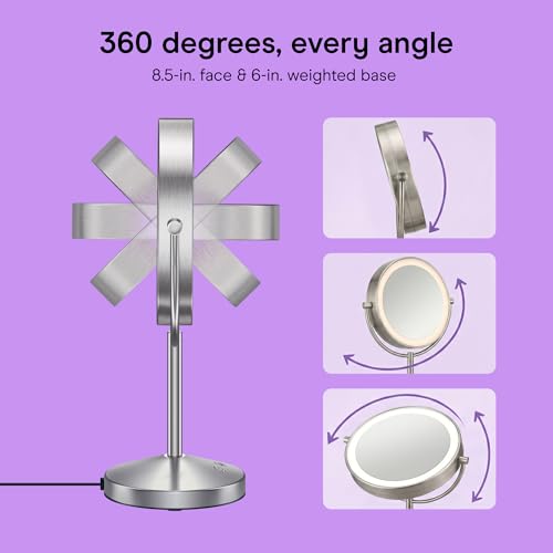 Conair Double-Sided 1X/10X Magnifying LED Vanity Mirror | 1X/10X double-sided mirror with 3 LED color modes and 360¡Æ rotation, Satin Nickel, Model BE401X23