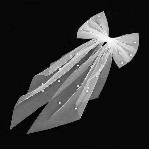 White Hair Bow Veil with Large Pearl Hair Pins for Brides