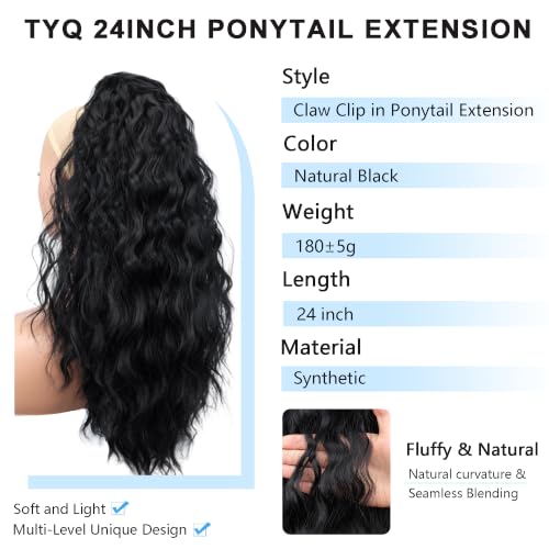 TYQ 24" Natural Black Curly Claw Clip Ponytail Extension