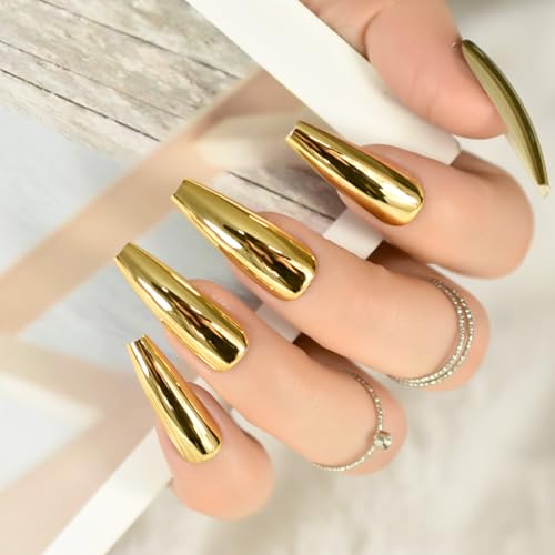 Mirror Gold Metallic Press On Nails Coffin Shape - IKISKT
