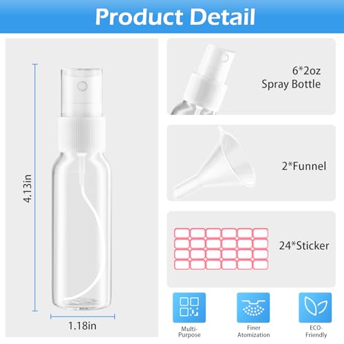 Zoizocp Spray Bottles, 2oz/50ml Clear Empty Fine Mist Plastic Mini Travel Bottle Set, Small Refillable Liquid Containers with 2pcs Funnels and 24pcs Labels (6 Pack)