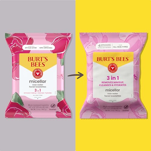 Burt's Bees Micellar Rose Water Facial Towelettes - 30 Count, Plant-Based Makeup Remover Wipes for All Skin Types