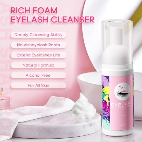 Buqikma Lash Cleaning Kit - Lash Shampoo Kit 60ML with Rechargeable Handheld Fan Dryer, Mascara Brush, Rinse Bottle, Makeup Cleansing Foam for Eyelash Extension Care, Pink