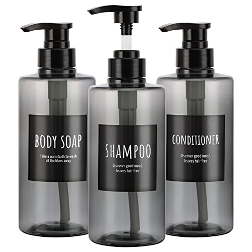 Segbeauty Gray Refillable Shampoo Bottles Set 16.9oz - 3 Pack, Leak-Proof PET Dispenser with Labels for Bathroom & Travel