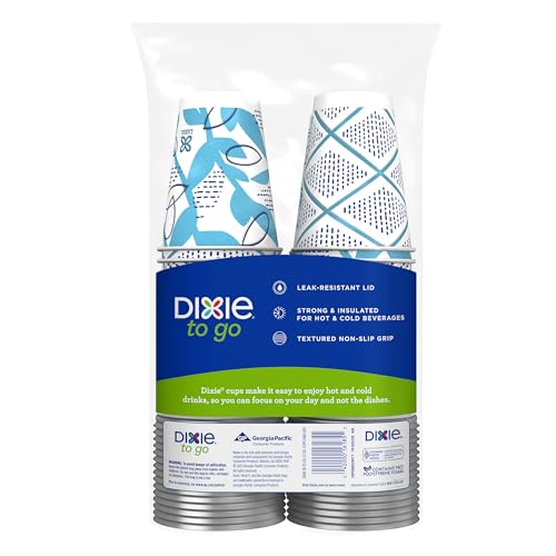 Dixie To Go 12 oz Disposable Paper Cups, 60 Count with Leak-Resistant Lids