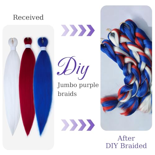 26 Inch Pre-Stretched Braiding Hair Extensions - Blue, White, Red (3 Pack)