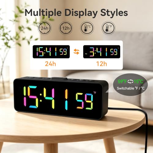 RGB Digital Alarm Clock with Temperature Display - Compact & Adjustable Brightness