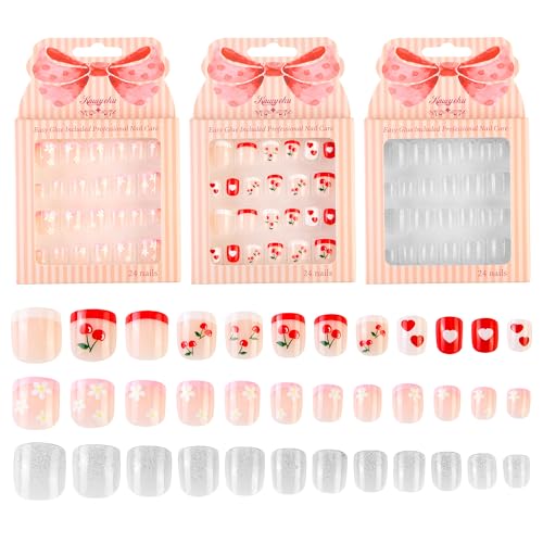 Kids Press-On Nails - Cherry Diamond Glitter | 72PCS Fake Nail Tips