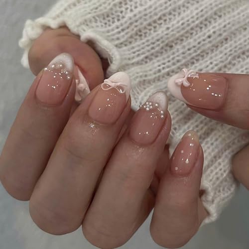 24pcs White French Tip Press-On Nails with 3D Pearl Design
