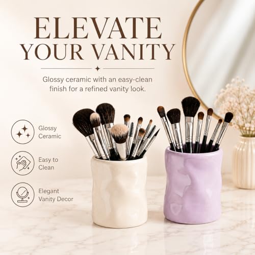 Beige Ceramic Makeup Brush Holder - 12 Oz Vanity Organizer Cup