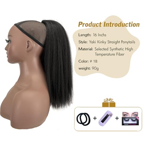 UAmy Hair 16-Inch Kinky Straight Drawstring Ponytail - 1B Black