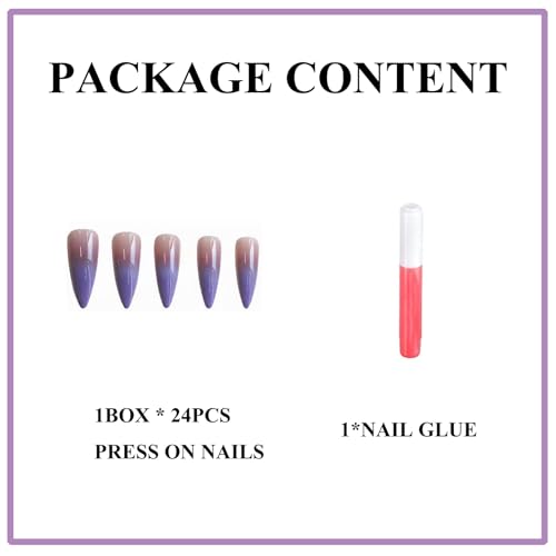 MERVF Purple Ombre French Tip Fake Nails F6504-Purple Long Stiletto Press-On