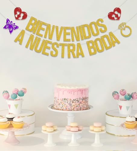 Gold Glitter Spanish Wedding Banner - Bienvenidos A Nuestra Boda Decoration