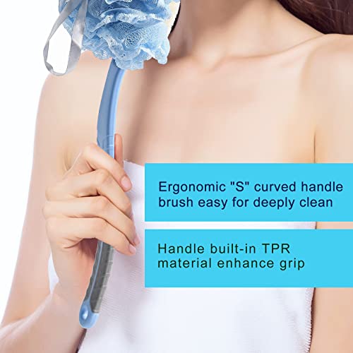 HONOMA 16in Shower Back Scrubber Brush with Nylon Bristles & Mesh Loofah - Curved Non-Slip Handle