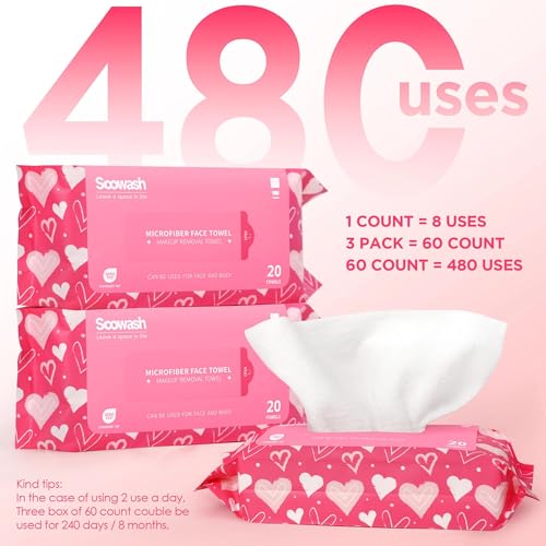 SOOWASH Ultra-Soft Disposable Face Towels, Pink - 60 Pack