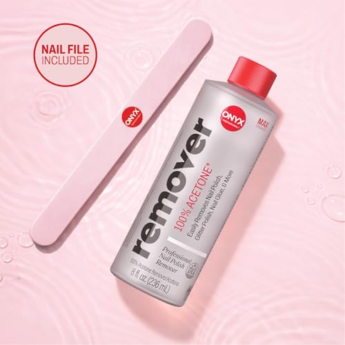Onyx Professional 100% Pure Acetone Nail Polish Remover Kit with 7 inch Nail File, 8 fl oz - Made in USA, Maximum-Strength Gel Polish Remover, Artificial & Glitter Nail Polish