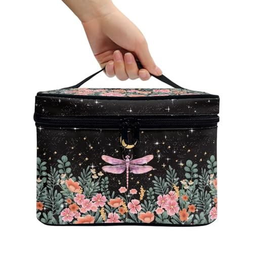 Dragonfly Floral Moon Makeup Bag - Large Capacity Travel Cosmetic Case
