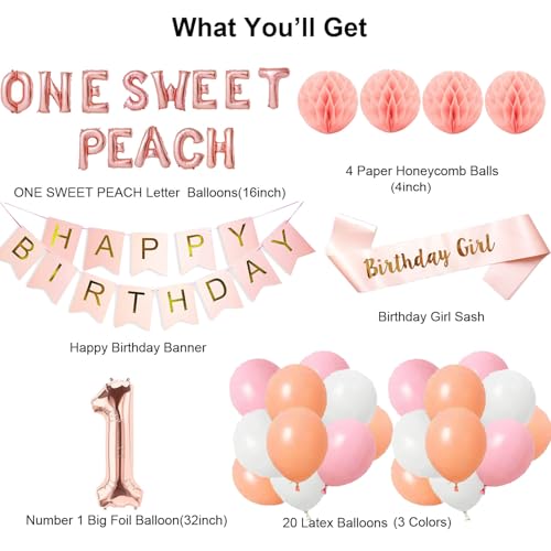 One Sweet Peach Birthday Decorations Set for Girls - 1st Birthday Party Supplies