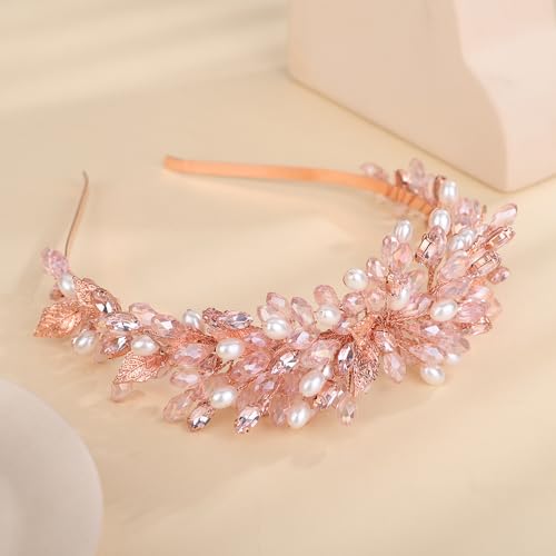Pink Bridal Crystal Headband with Rhinestone Pearl Beads Wedding Hair Crown - Handmade Leaf Design