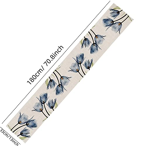 Floral Linen Table Runner - Tulip Blue, 13x72 Inch for Dining Decor