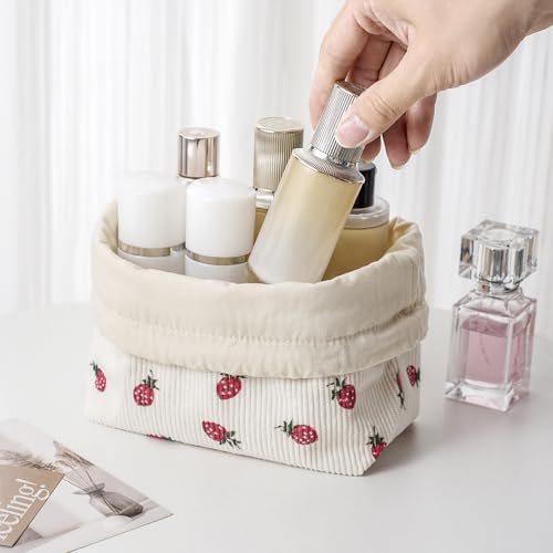 Cute Soft Corduroy Drawstring Makeup Bag - 06 Strawberry Pattern