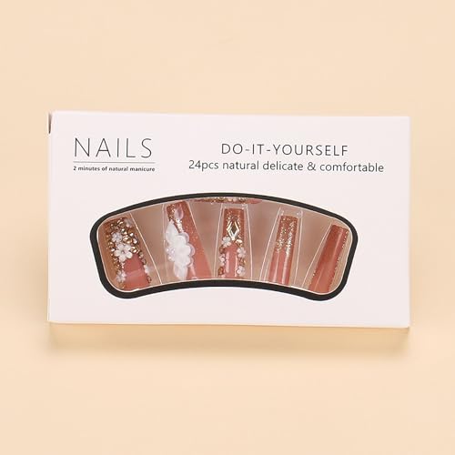 RTKHFZE Style16 Long Square Gold Glitter French Tip Fake Nails with Flowers & Rhinestones - Press On Nails for Women