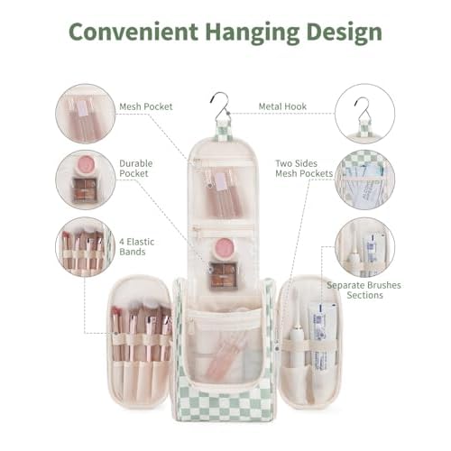 Narwey Hanging Travel Toiletry Bag for Women, Travel Bag for Toiletries, Checkered Makeup Bag Organizer, Cosmetic Make Up Bags for Travel Size Essentials, Skincare, Brushes (Mint Green Checkerboard)