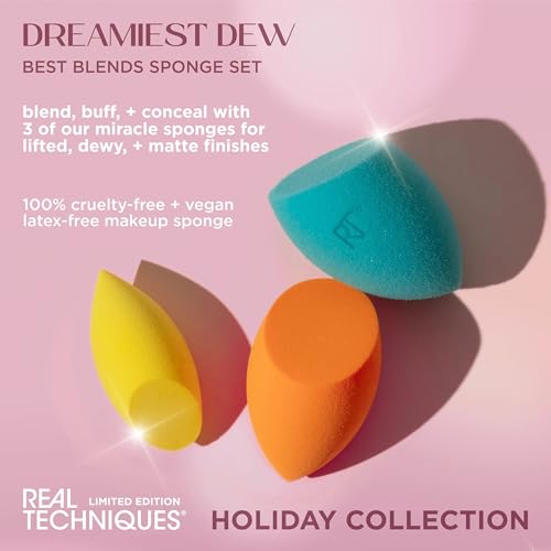 Real Techniques Dreamiest Dew Makeup Sponge Set - Holiday Gift, Latex-Free, Includes Foundation & Concealer Sponges