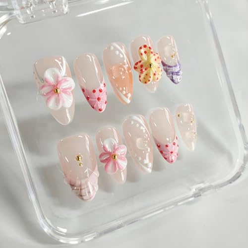 3D Floral Almond Press on Nails - Medium Length French Tip Style 3