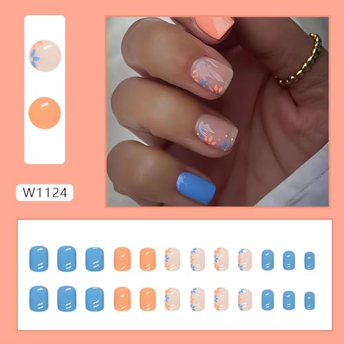 Square Flower Press On Nails - 24 Pcs Acrylic Full Cover Set